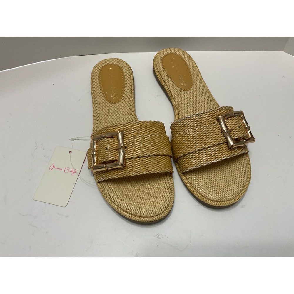 Jessica Carlyle Avero Tan Woven Raffia Buckle Slide Sandals Womens 10 New Sh4